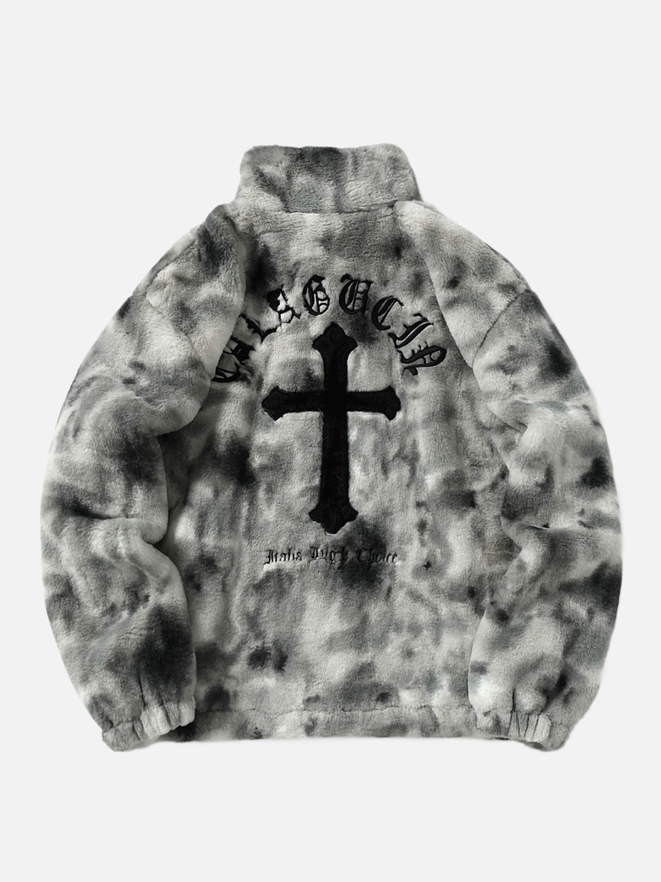 The Vimiaparty American Vintage Tie-dye Gradient Plush Cross Embroidered Lambswool Jacket